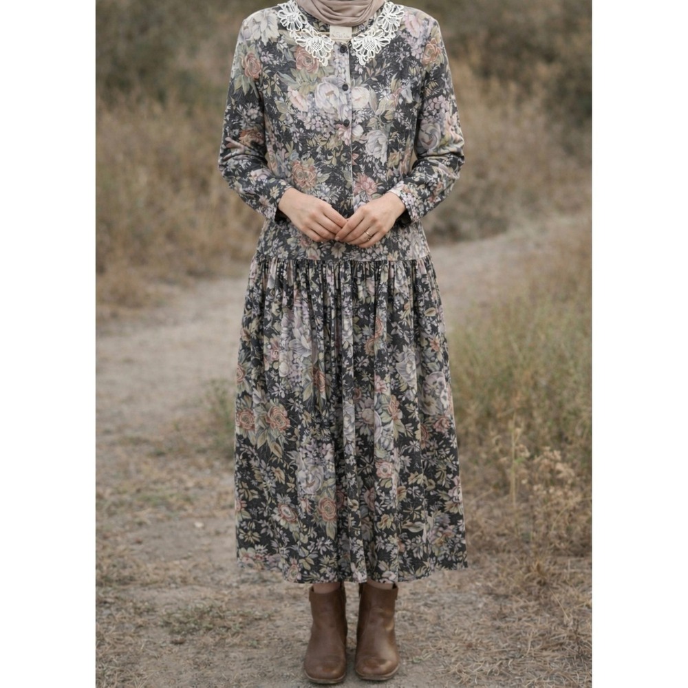 VTG Via Sant'Andrea Floral Dress 16 Lace Collar Prairie‎ Cottagecore Modest